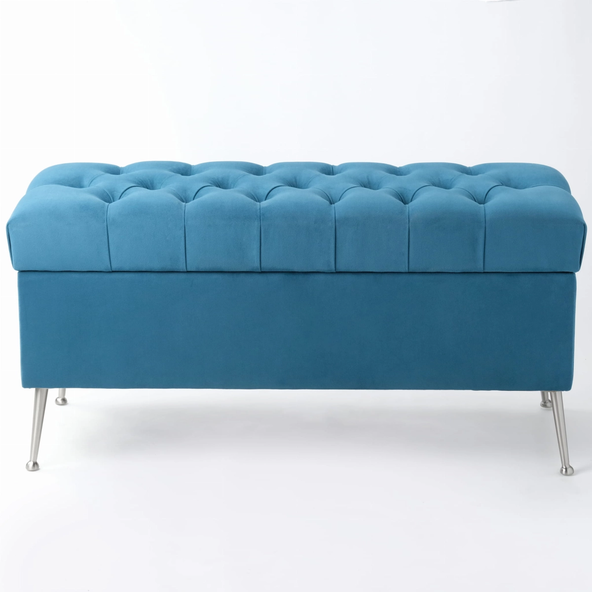 Puf azul moderno con acolchado y espacio de almacenamiento, sobre patas de metal
