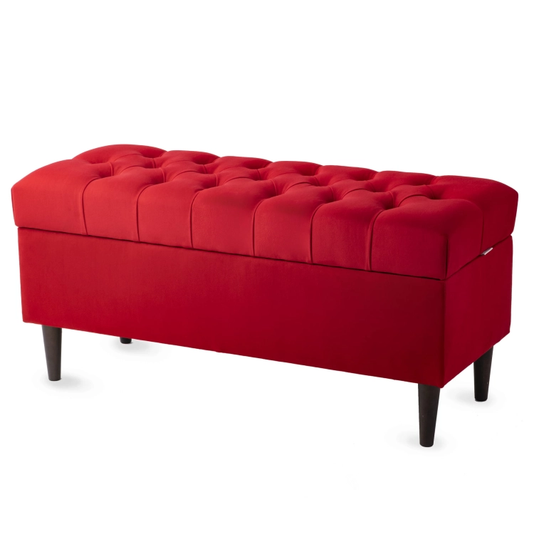 Baúl rojo acolchado con apertura, mueble de almacenaje elegante y práctico