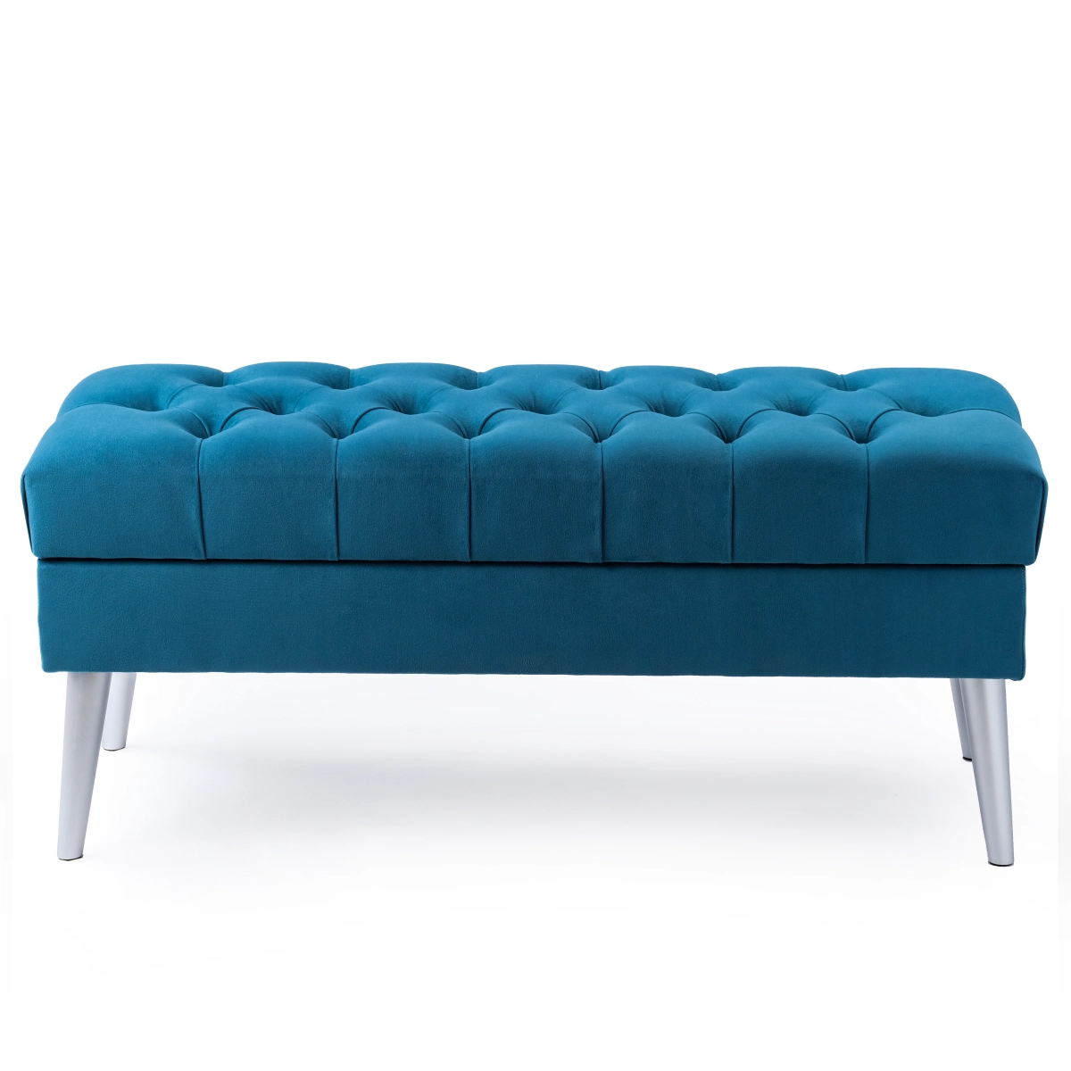 Baúl acolchado turquesa, perfecto para interiores modernos.