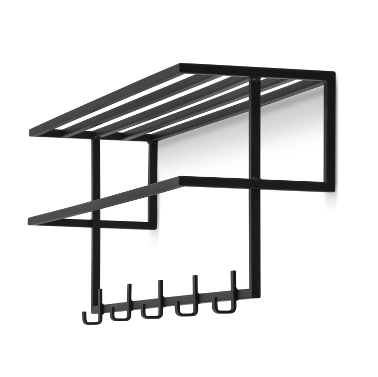 Percha con estante en acero, negro, ideal para el pasillo para ropa y accesorios