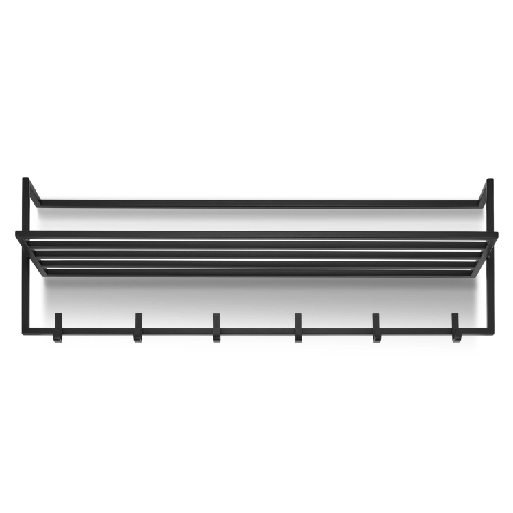 Perchero negro con estante, para montar en la pared.