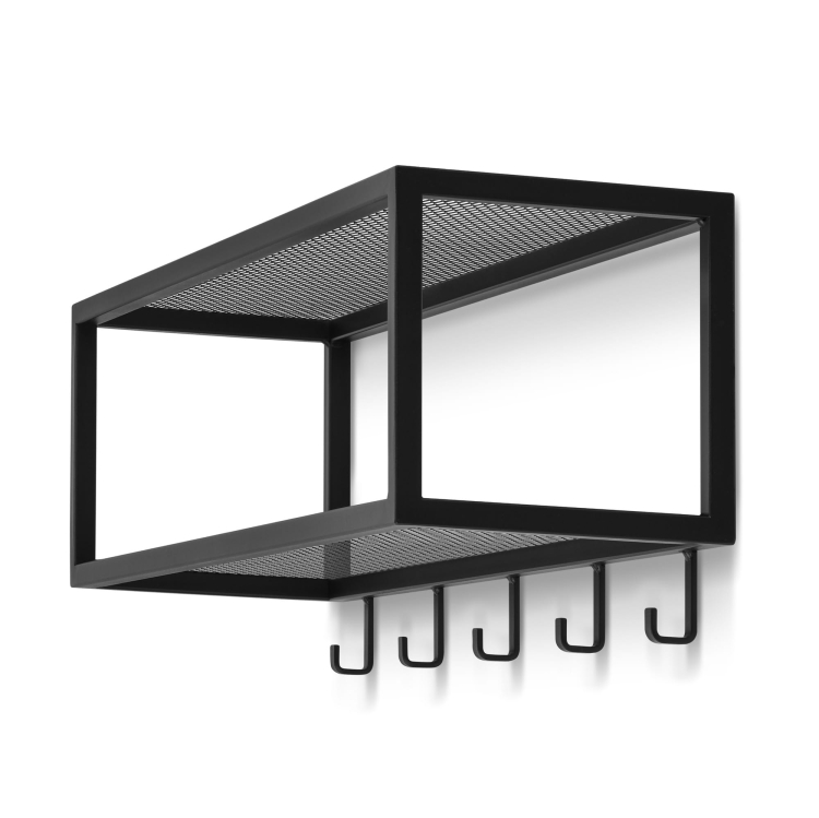 Percha de metal negro con estante