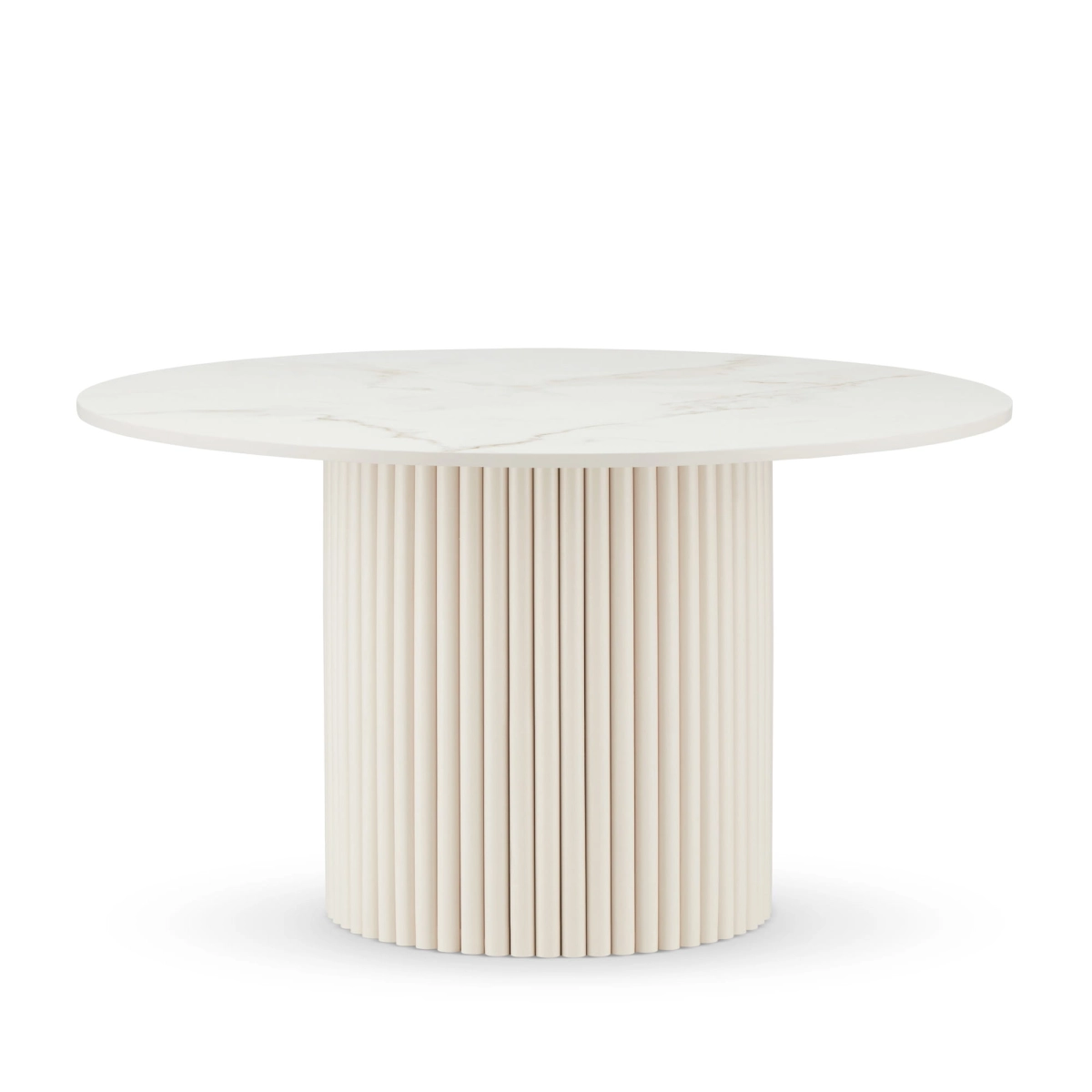 Mesa redonda blanca con tablero de piedra y base acanalada decorativa