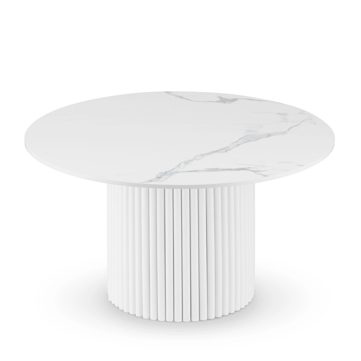 Mesa redonda blanca con tablero de piedra y base acanalada decorativa