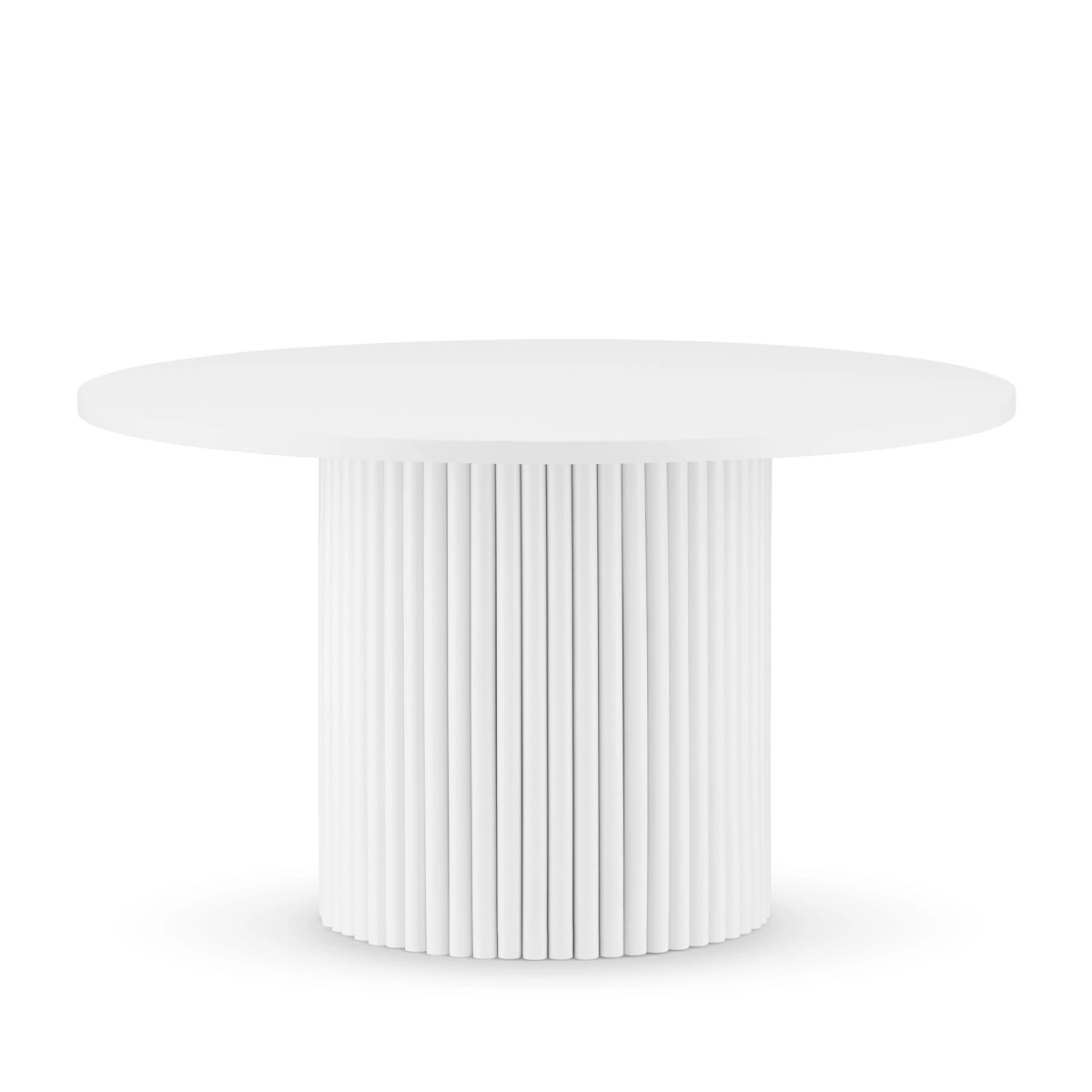 Mesa de centro blanca con pata acanalada y tapa redonda