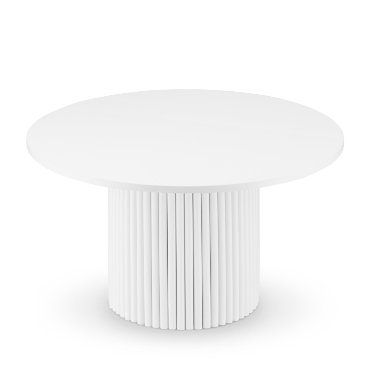 Elegante mesa de centro blanca con tapa redonda y pata acanalada