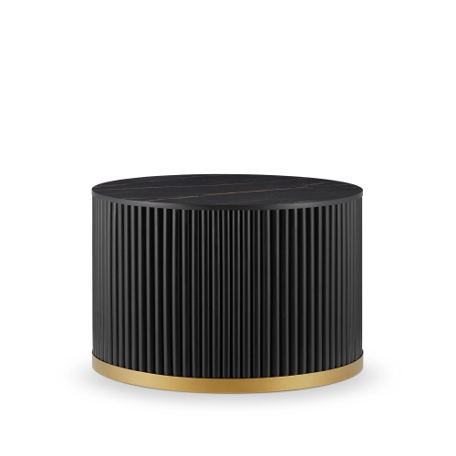 elegante mesa negra con tablero de piedra y base estriada