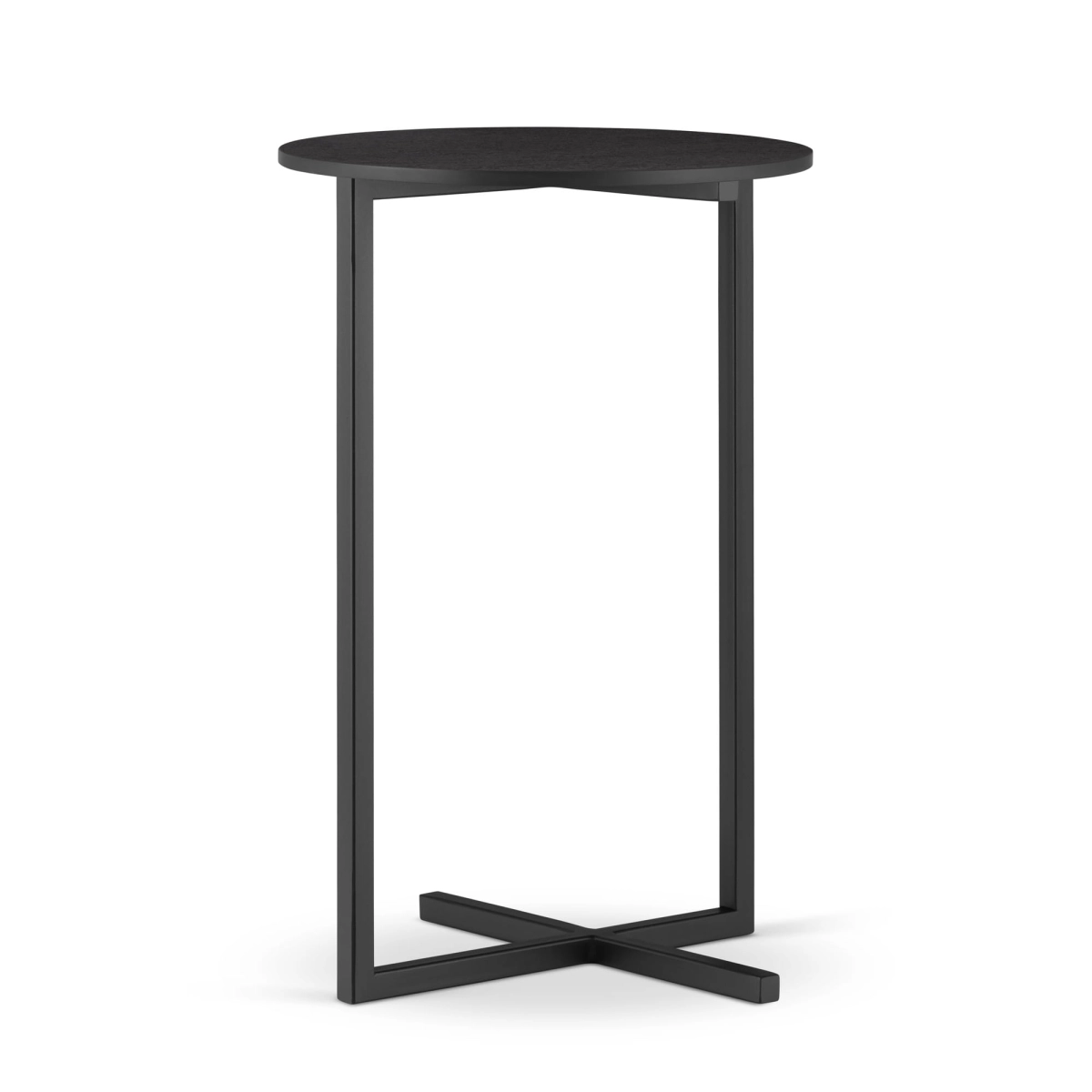Elegante mesa auxiliar redonda negra con base de acero