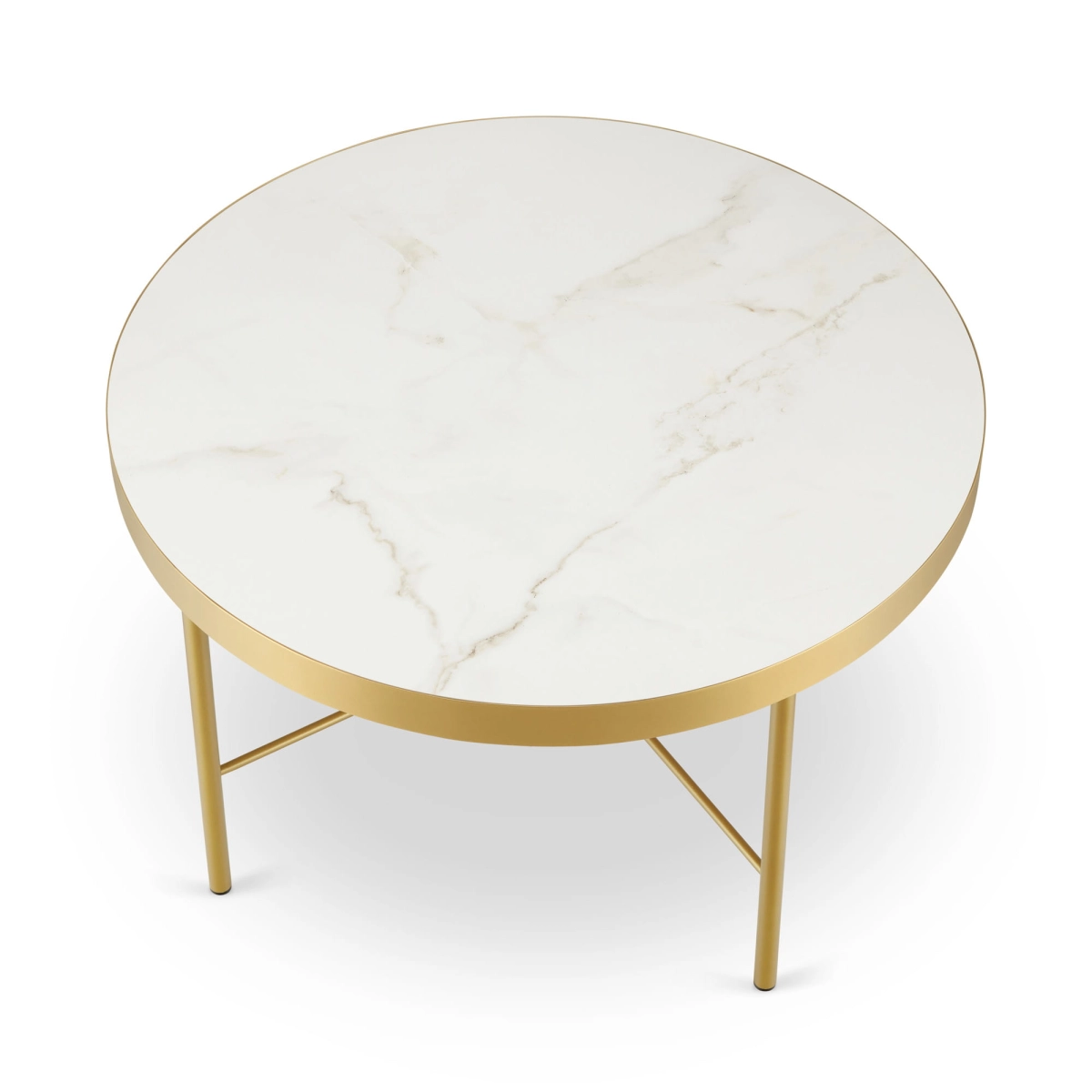Elegante mesa de centro redonda con tapa de mármol y base dorada