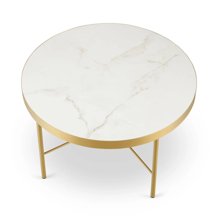 Elegante mesa de centro redonda con tapa de mármol y base dorada