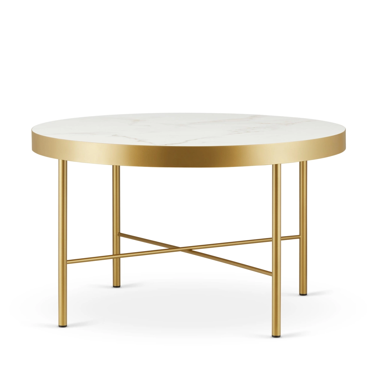 Mesa de centro con tapa de mármol y llamativa base dorada para el salón