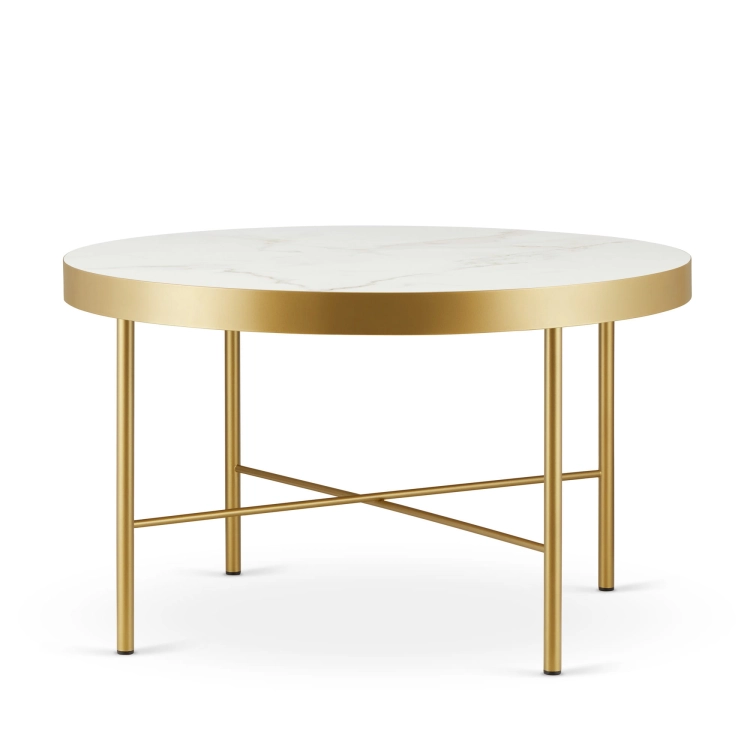 Mesa de centro con tapa de mármol y llamativa base dorada para el salón