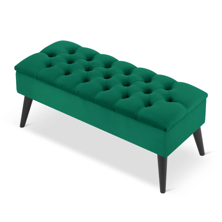 Elegante puf acolchado verde botella con espacio de almacenamiento