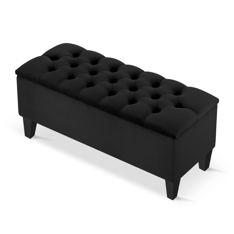 Elegante puf acolchado negro con almacenamiento, perfecto para una sala de estar o un dormitorio.