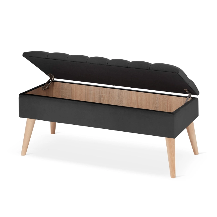Puf retro acolchado de color grafito con espacio de almacenamiento: un mueble elegante y práctico para la sala de estar.