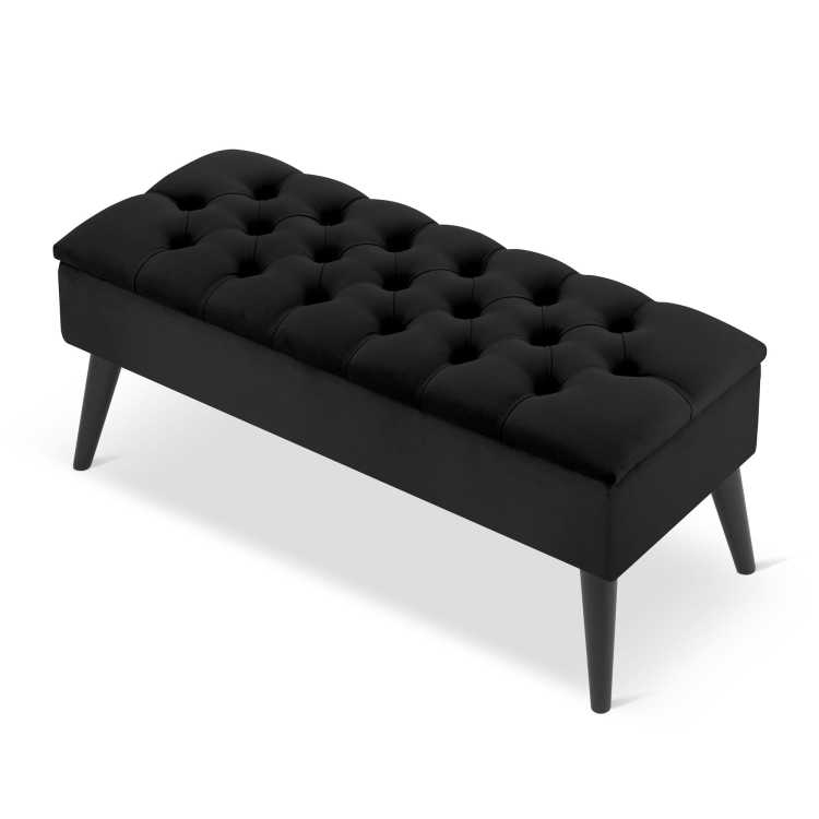 Elegante puf negro acolchado con espacio de almacenamiento, un mueble cómodo y práctico