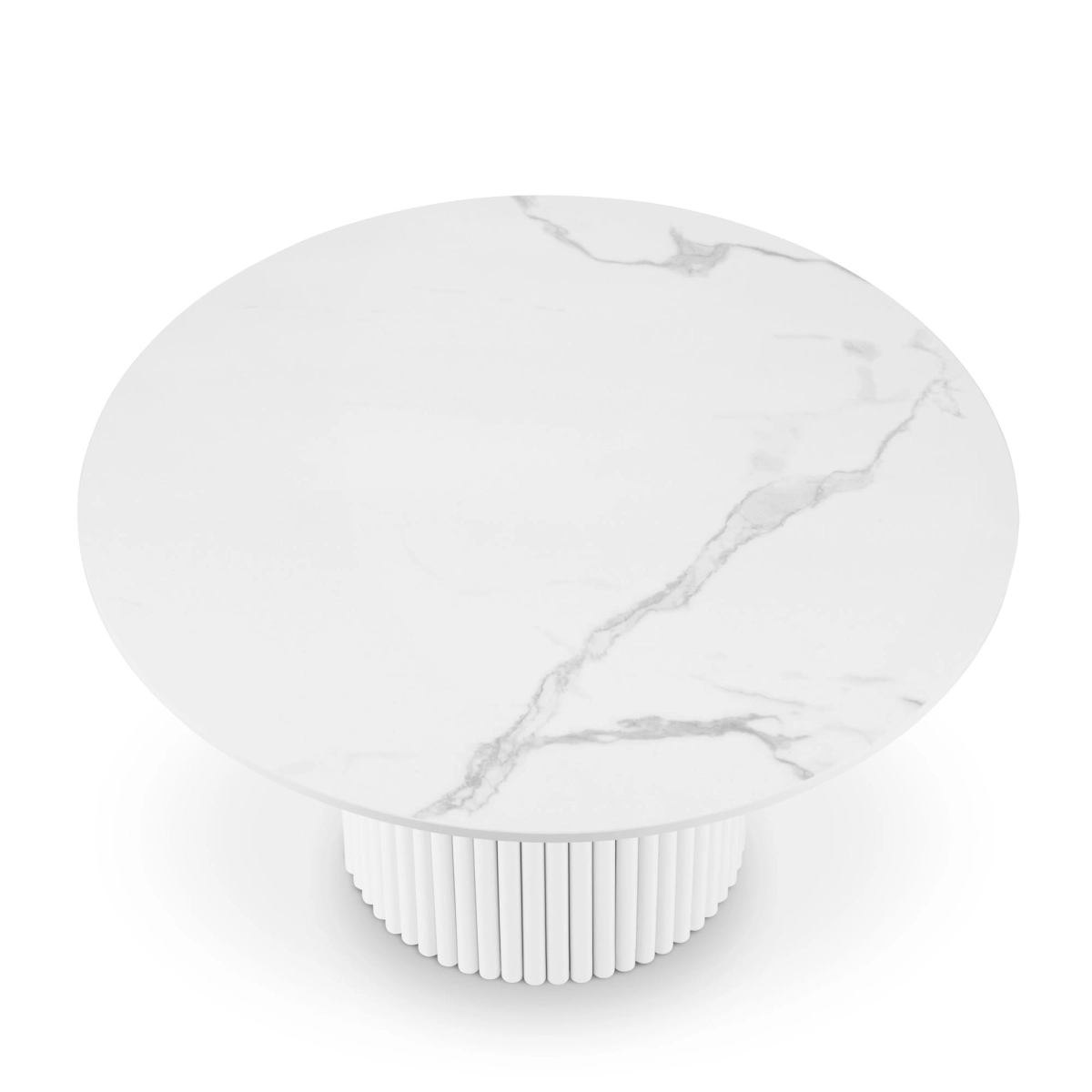 Mesa redonda blanca con tablero de piedra y base acanalada