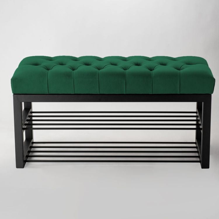 Banco industrial acolchado con estantes de metal