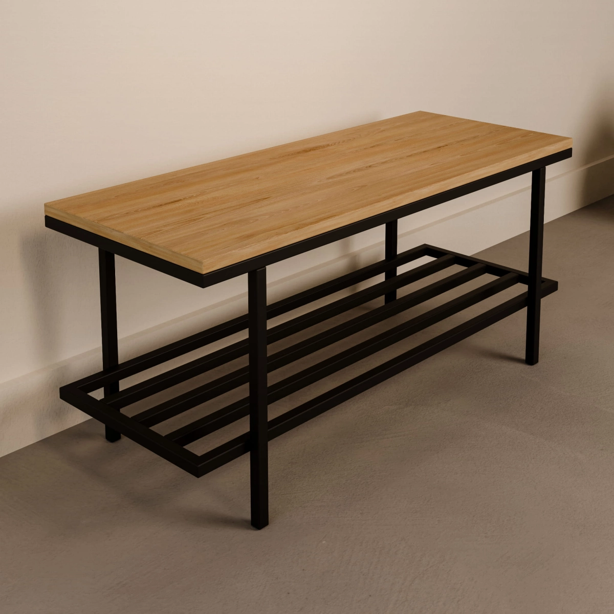 Banco industrial moderno con tablero de madera sobre estructura de acero