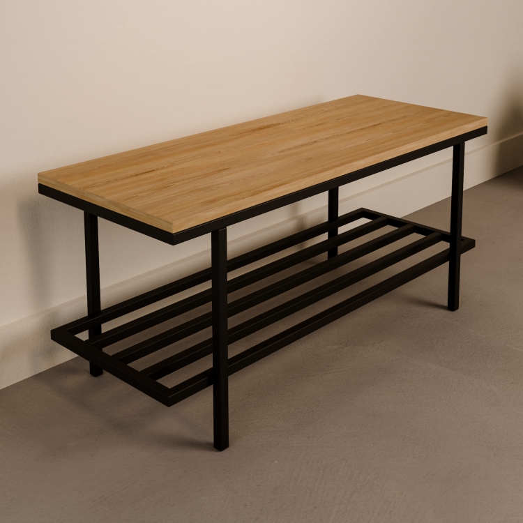 Banco industrial moderno con tablero de madera sobre estructura de acero