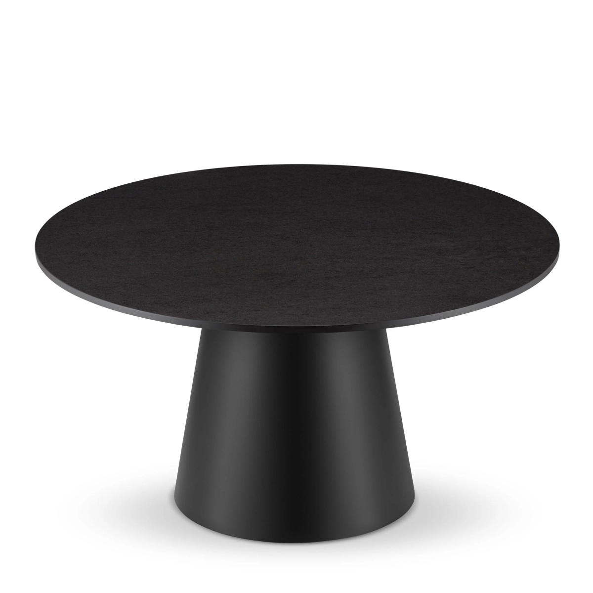 Mesa de centro negra con tapa de piedra y base redonda de acero elegante y duradera