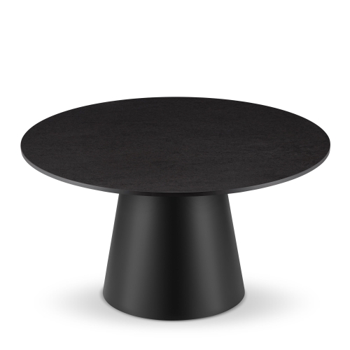 Mesa de centro negra con tapa de piedra y base redonda de acero elegante y duradera