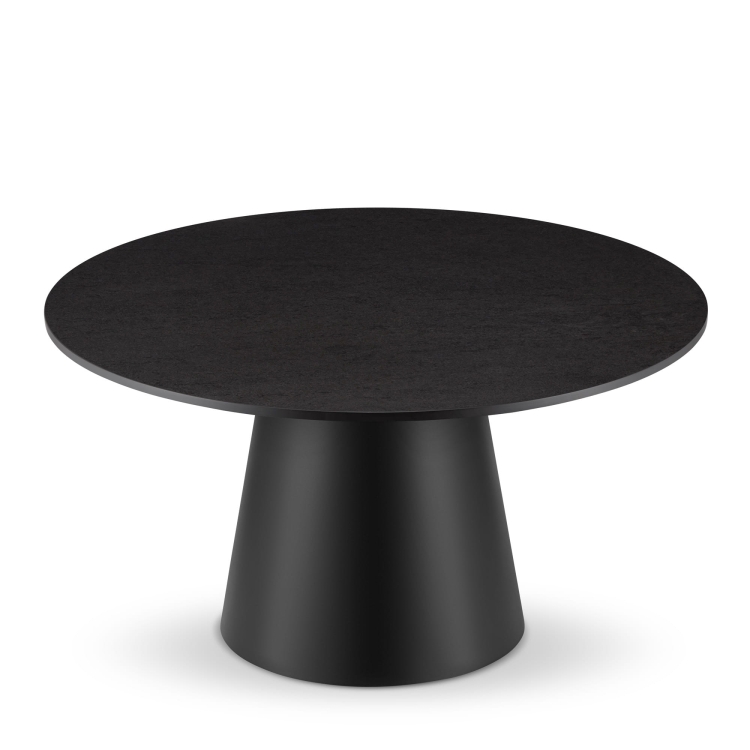 Mesa de centro negra con tapa de piedra y base redonda de acero elegante y duradera