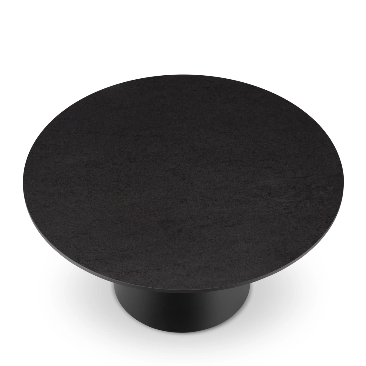 Mesa de centro negra con tapa de piedra y base redonda de acero para un interior elegante