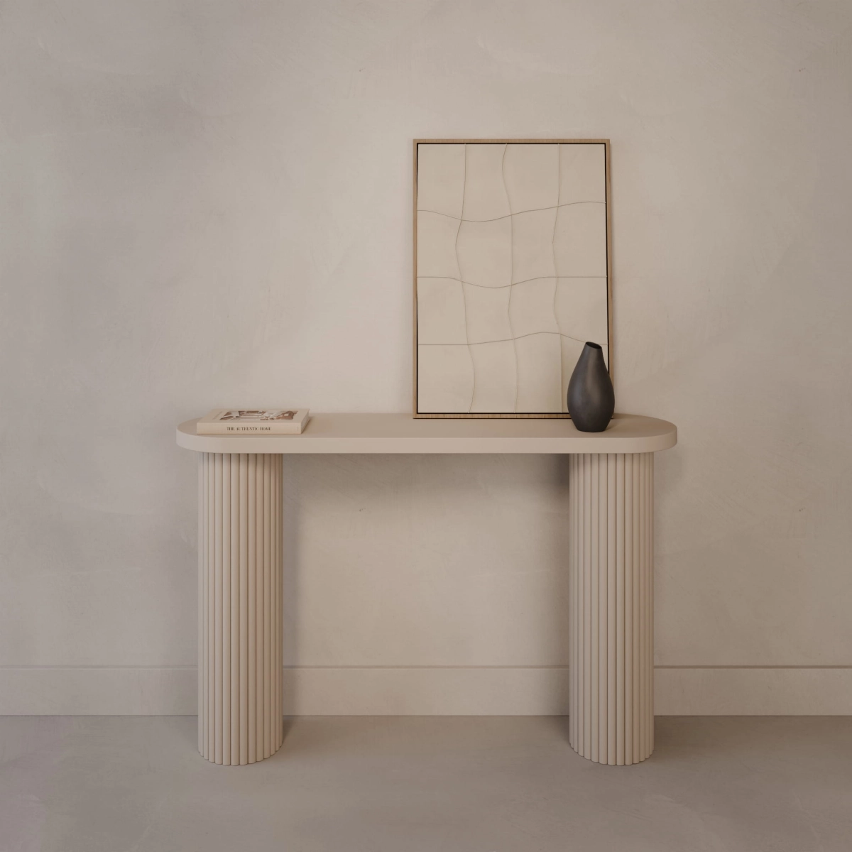 Consola de recibidor con patas de madera estriadas y tablero de mueble