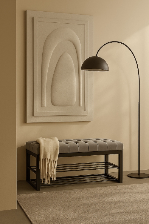 Banco industrial acolchado con estantes de metal