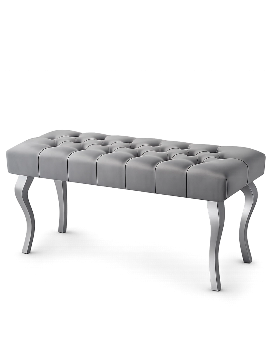 Banco acolchado gris con elegantes patas cromadas