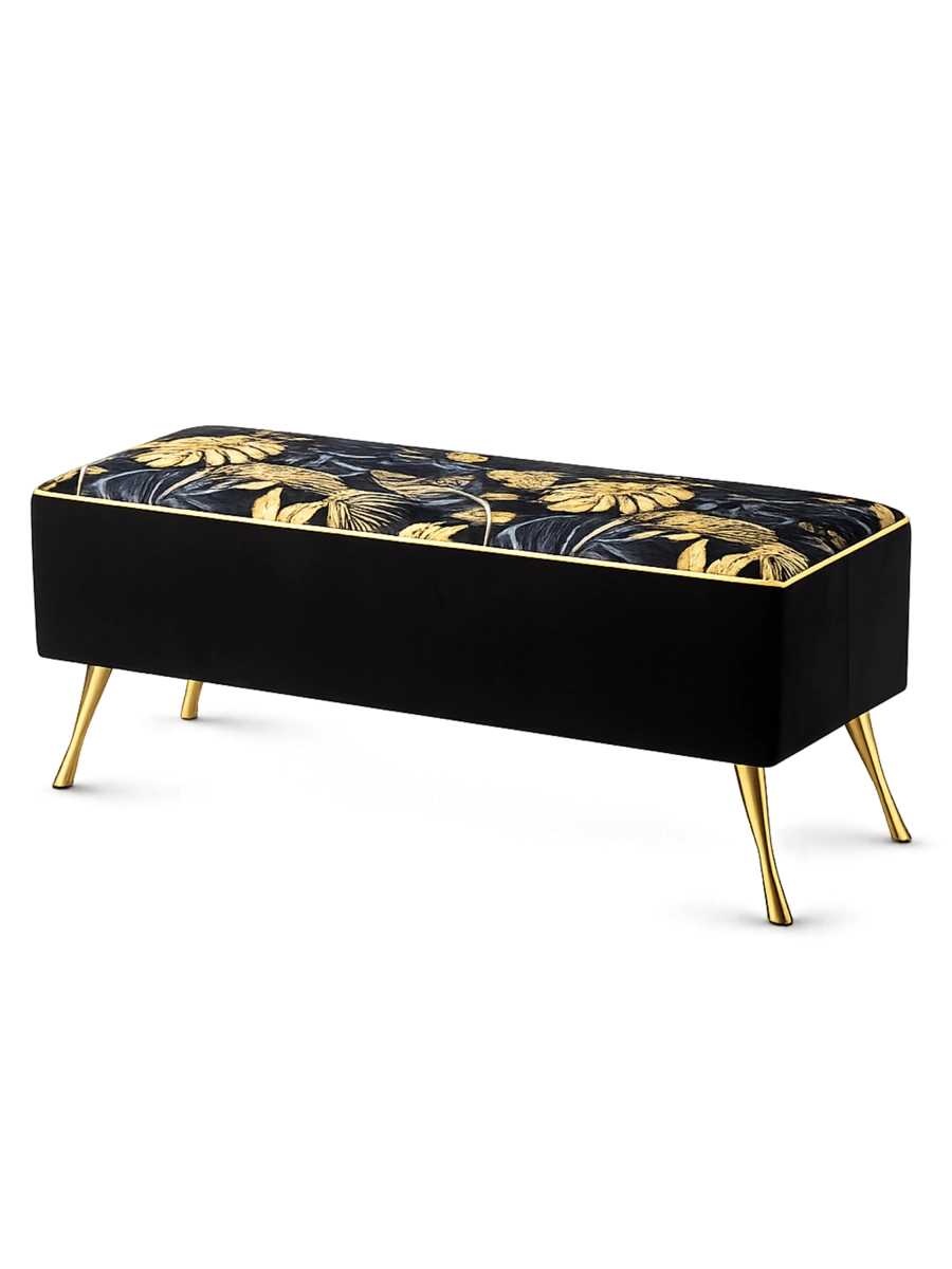 Banco tapizado con motivos dorados y patas de metal