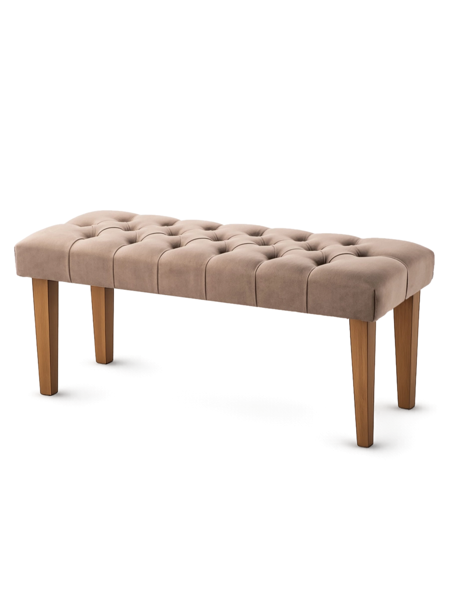Banco marrón capitoné con base de madera