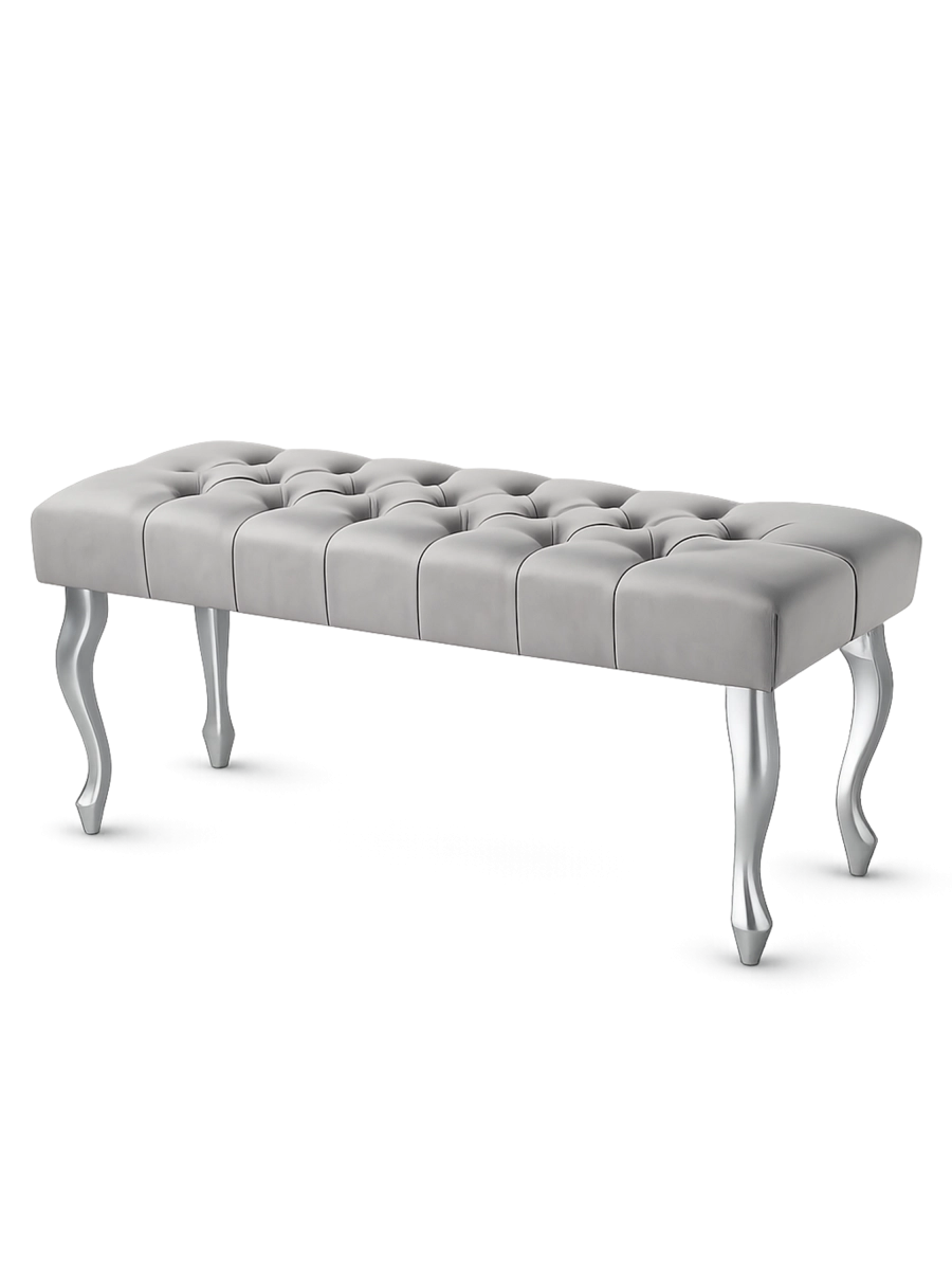 Banco tapizado en gris con atractivas patas plateadas