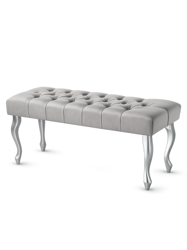 Ławka tapicerowana w kolorze szarym z efektownymi srebrnymi nogami