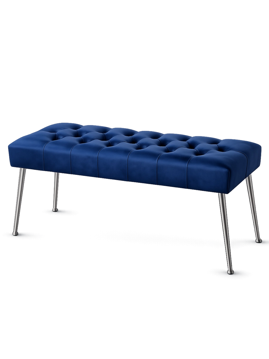 Elegante banco capitoné azul marino con patas de metal macizo