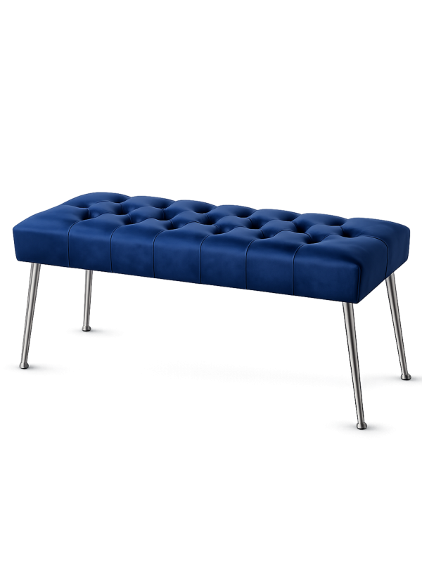 Elegante banco capitoné azul marino con patas de metal macizo