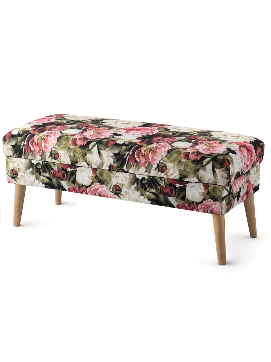 Puf tapizado con flores y almacenaje, un complemento elegante y funcional