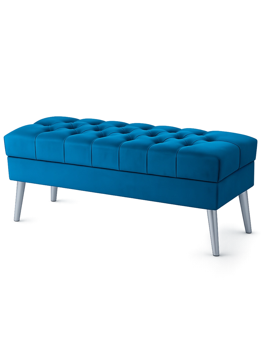 Baúl acolchado turquesa, perfecto para interiores modernos.