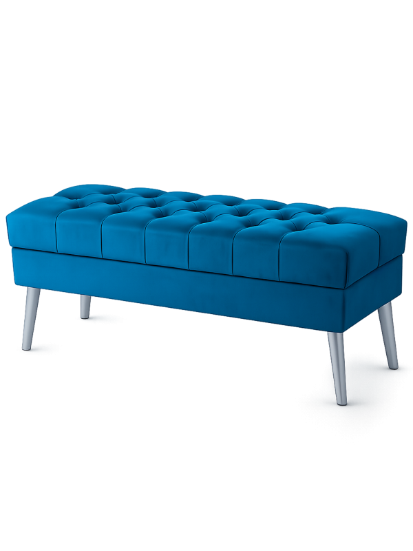 Baúl acolchado turquesa, perfecto para interiores modernos.