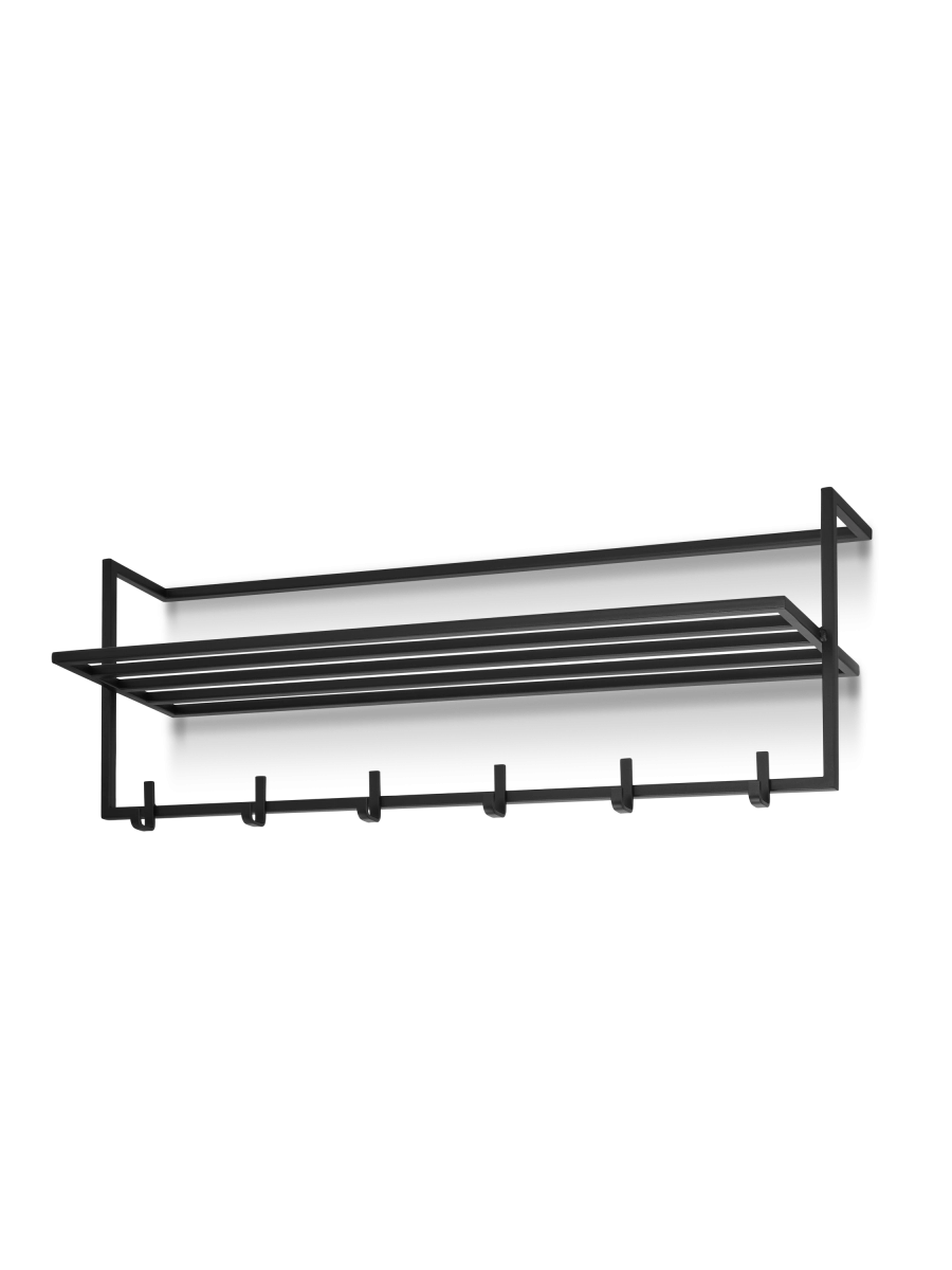 Perchero negro con estante, para montar en la pared.