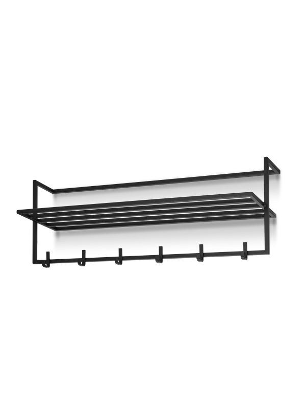 Perchero negro con estante, para montar en la pared.