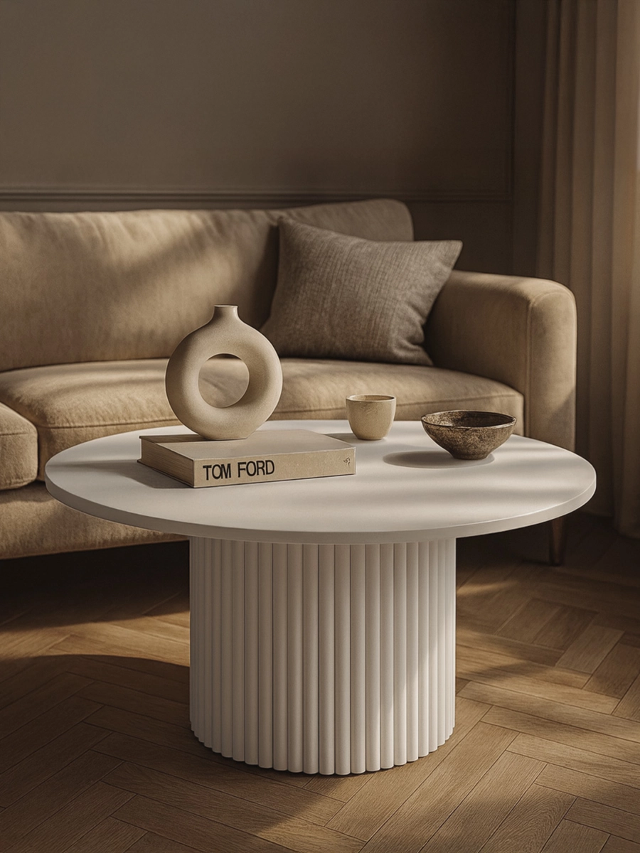 Mesa de centro redonda blanca con pata acanalada decorativa para interiores luminosos y aireados