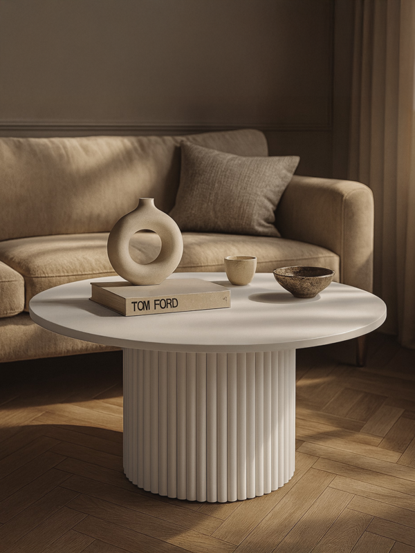 Mesa de centro redonda blanca con pata acanalada decorativa para interiores luminosos y aireados