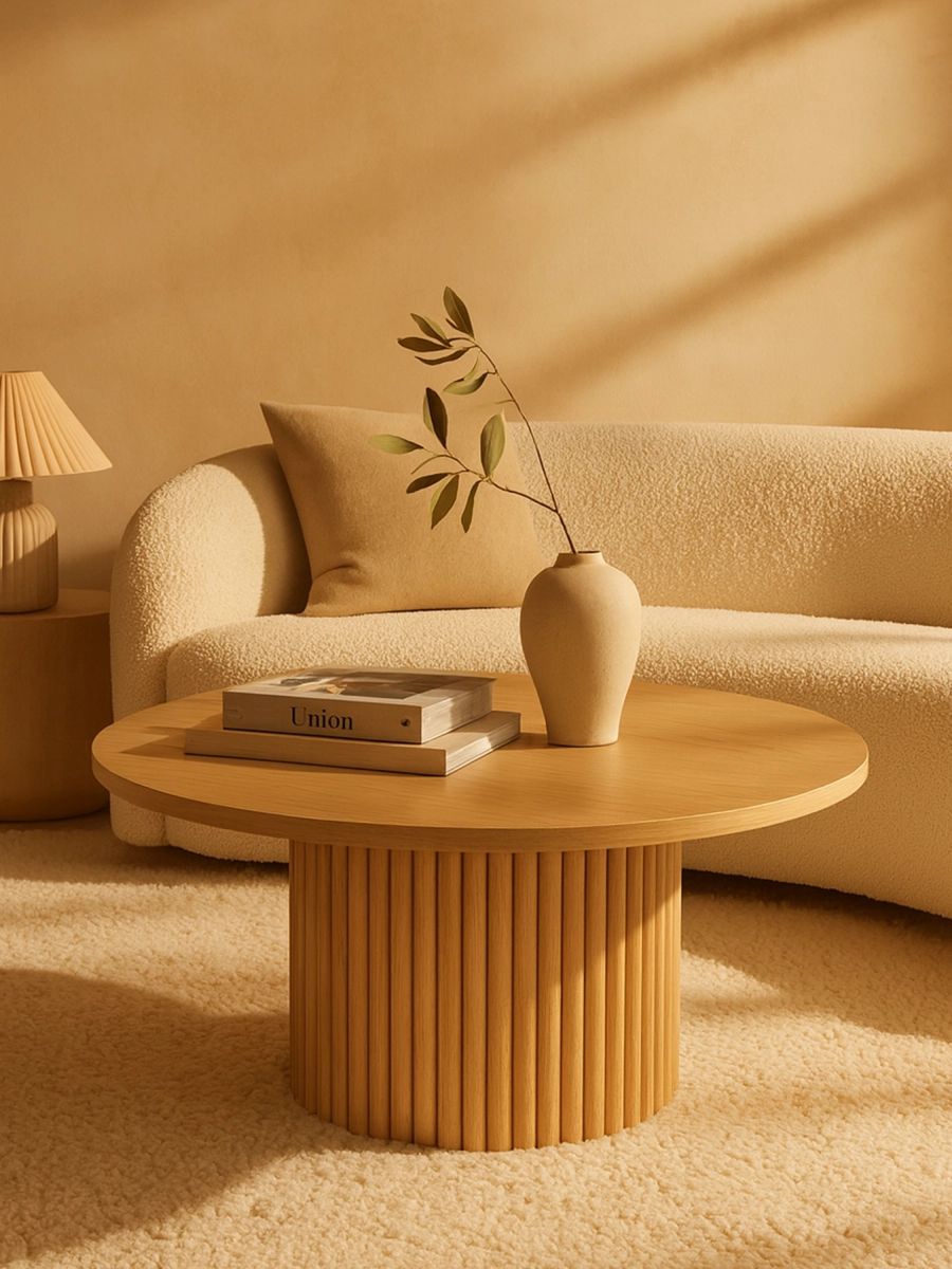 Mesa de centro redonda de madera con base acanalada