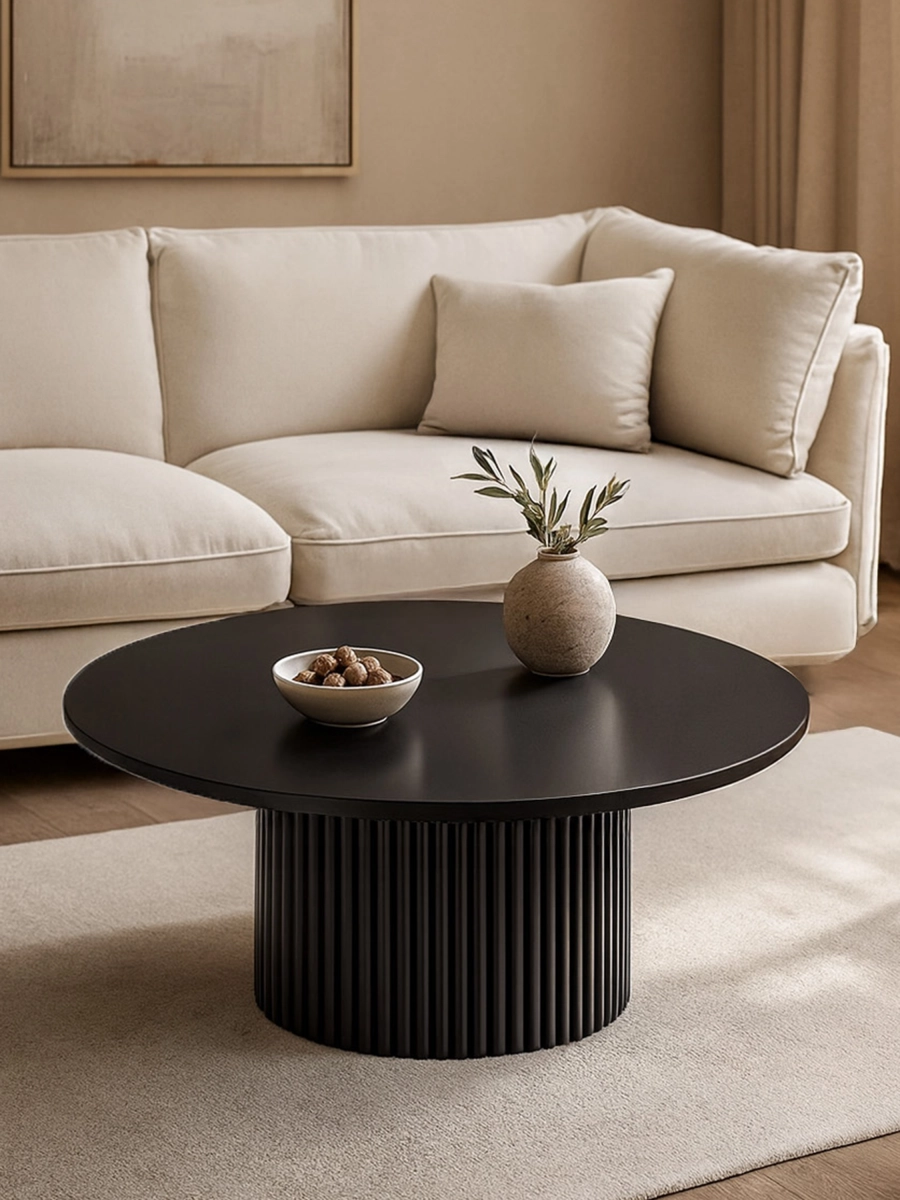 mesa de centro negra con base acanalada