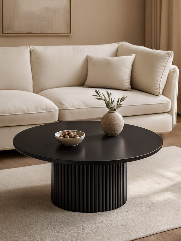 mesa de centro negra con base acanalada
