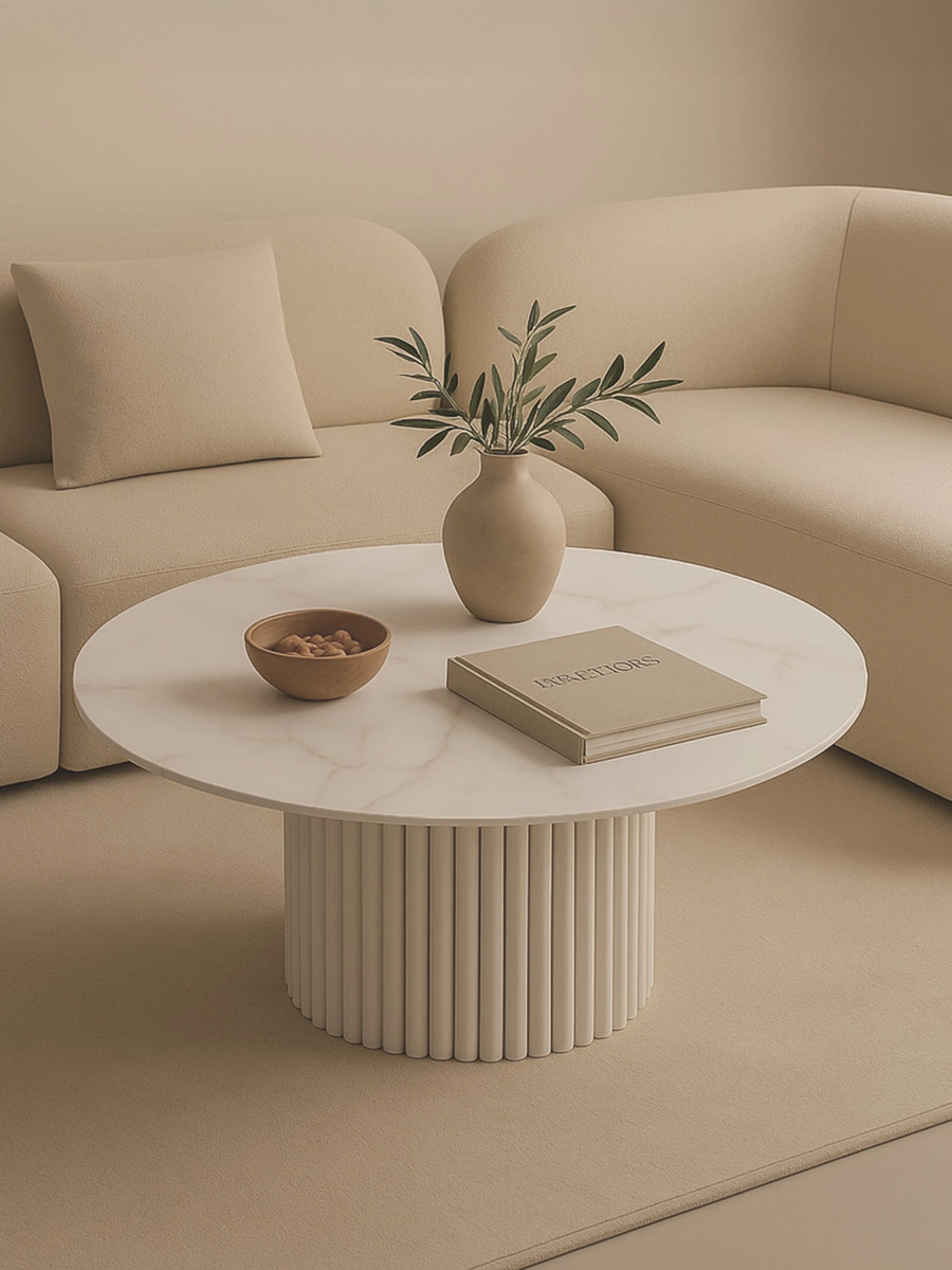Mesa redonda blanca con tablero de piedra y base acanalada decorativa