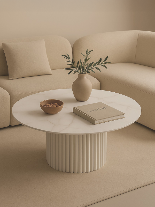 Mesa redonda blanca con tablero de piedra y base acanalada decorativa