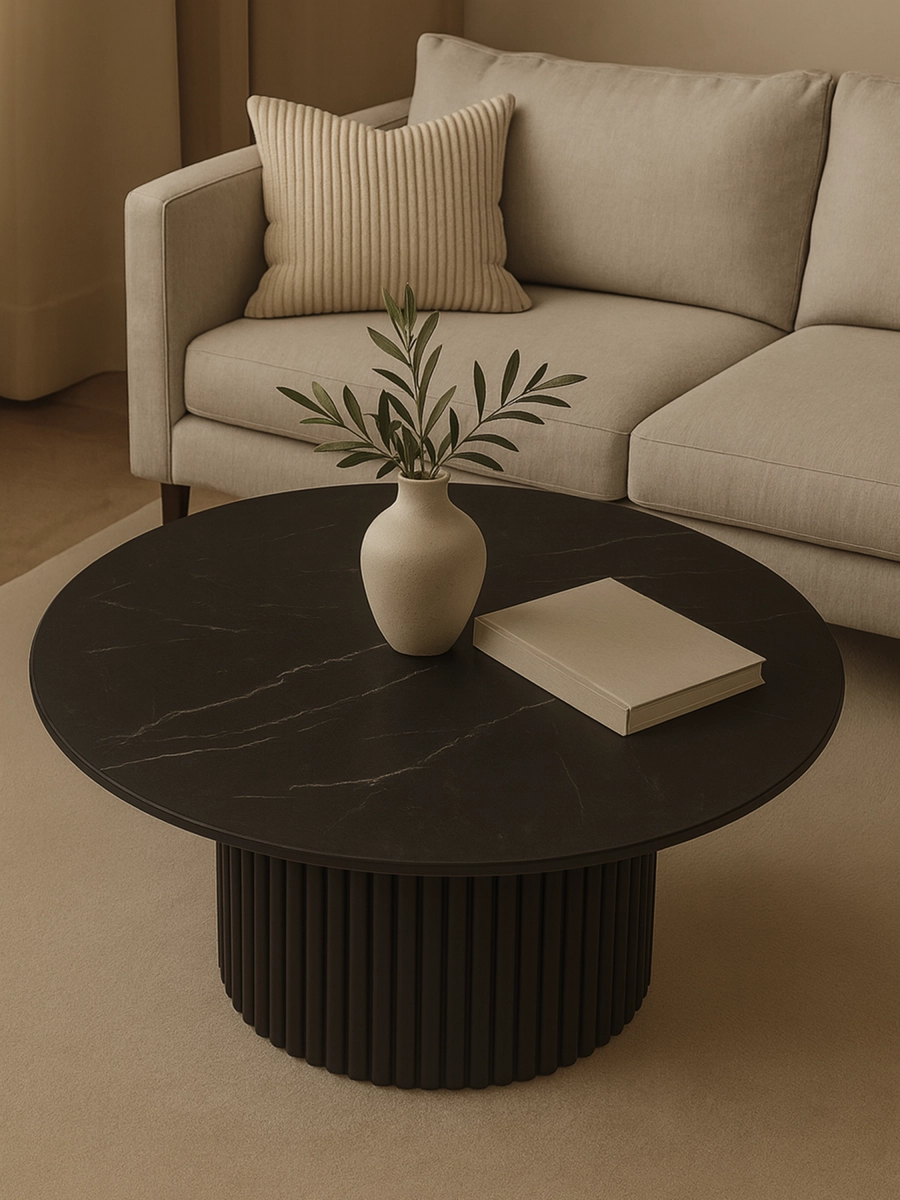 Mesa redonda negra con tablero de piedra y base acanalada